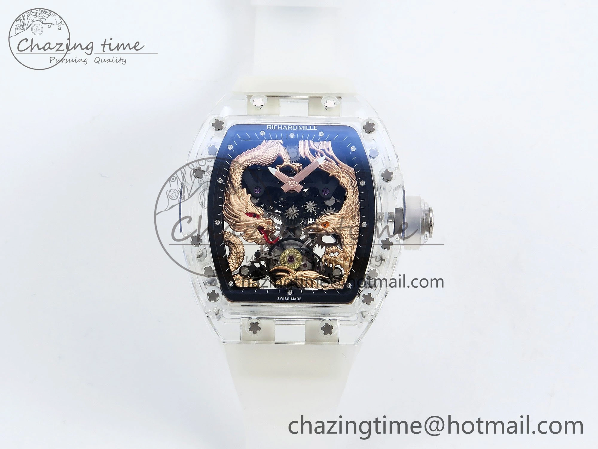 RM57 Transparent Tourbillon RMF Best Edition Gold Dragon Eagle Dial on Transparent Rubber Strap Durable 9298
