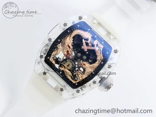 RM57 Transparent Tourbillon RMF Best Edition Gold Dragon Eagle Dial on Transparent Rubber Strap Durable 9298