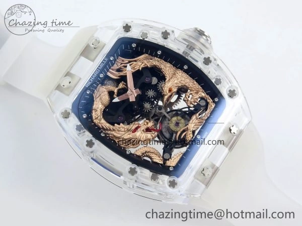 RM57 Transparent Tourbillon RMF Best Edition Gold Dragon Eagle Dial on Transparent Rubber Strap Durable 9298