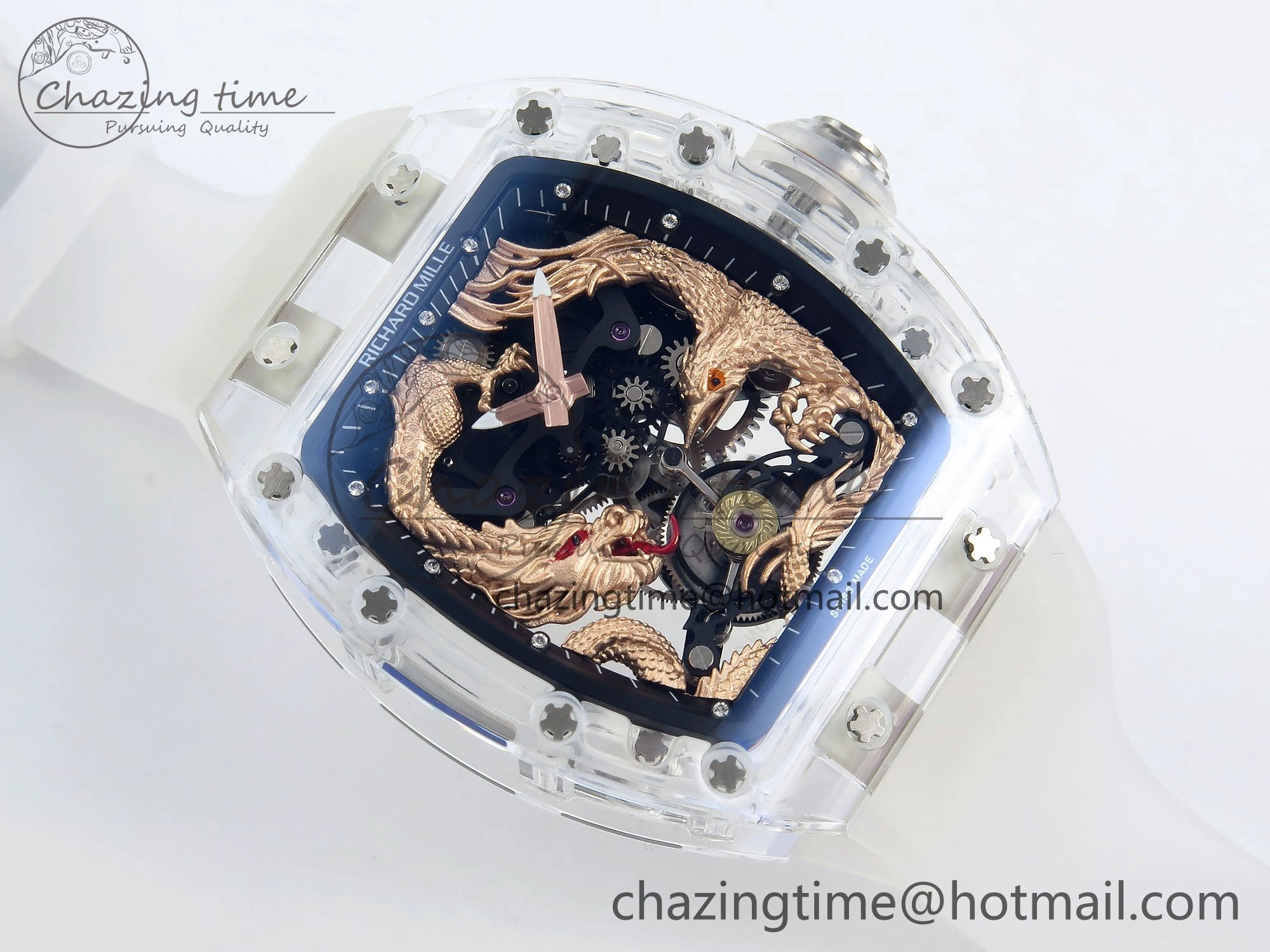 RM57 Transparent Tourbillon RMF Best Edition Gold Dragon Eagle Dial on Transparent Rubber Strap Durable 9298