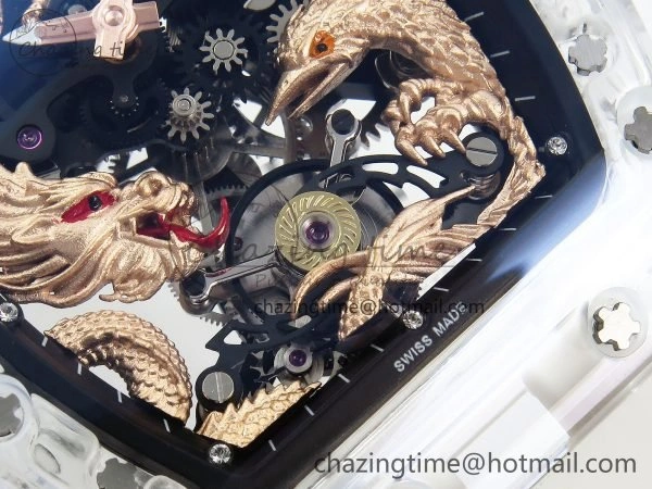 RM57 Transparent Tourbillon RMF Best Edition Gold Dragon Eagle Dial on Transparent Rubber Strap Durable 9298