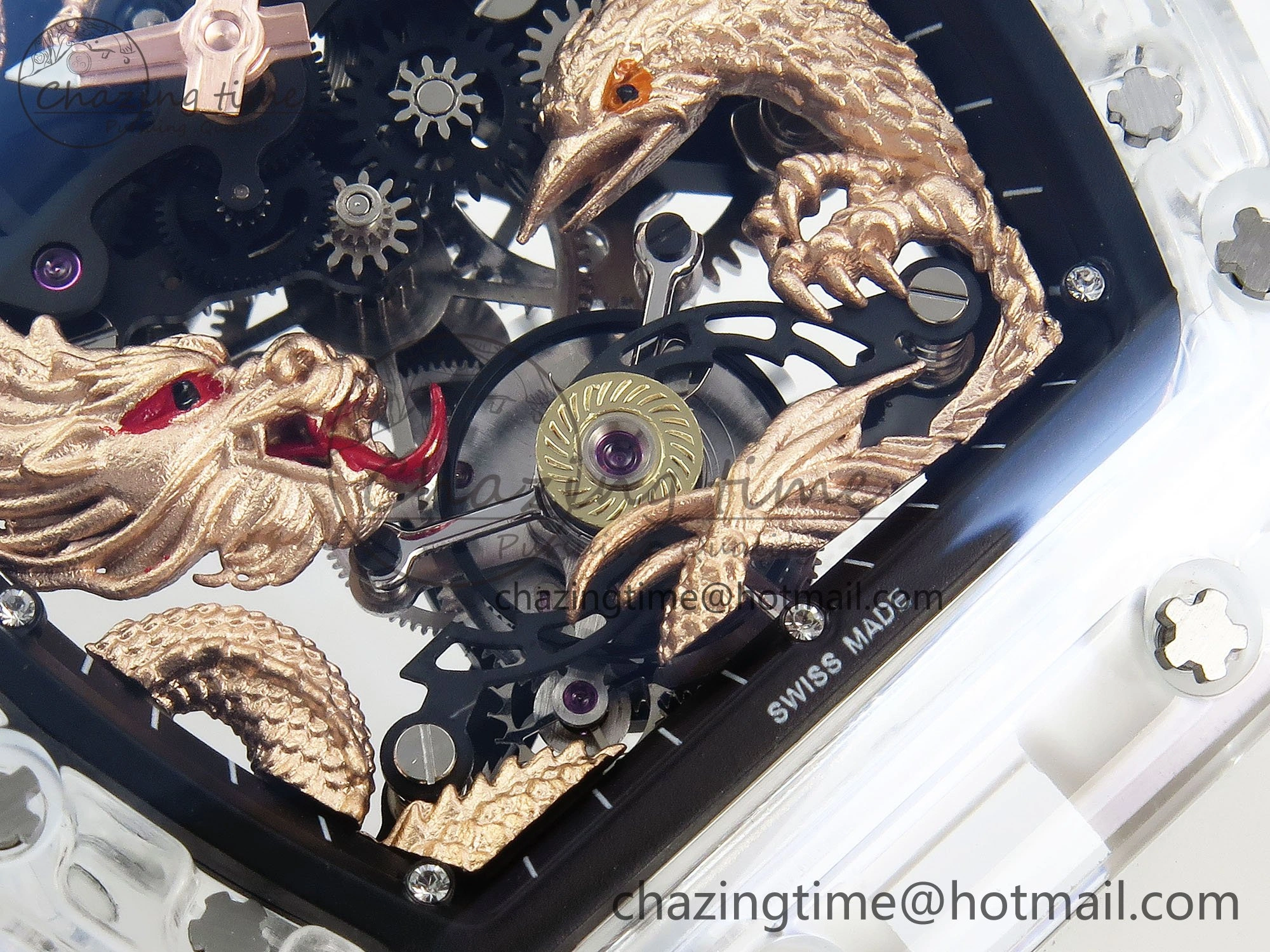 RM57 Transparent Tourbillon RMF Best Edition Gold Dragon Eagle Dial on Transparent Rubber Strap Durable 9298
