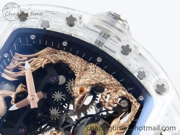 RM57 Transparent Tourbillon RMF Best Edition Gold Dragon Eagle Dial on Transparent Rubber Strap Durable 9298