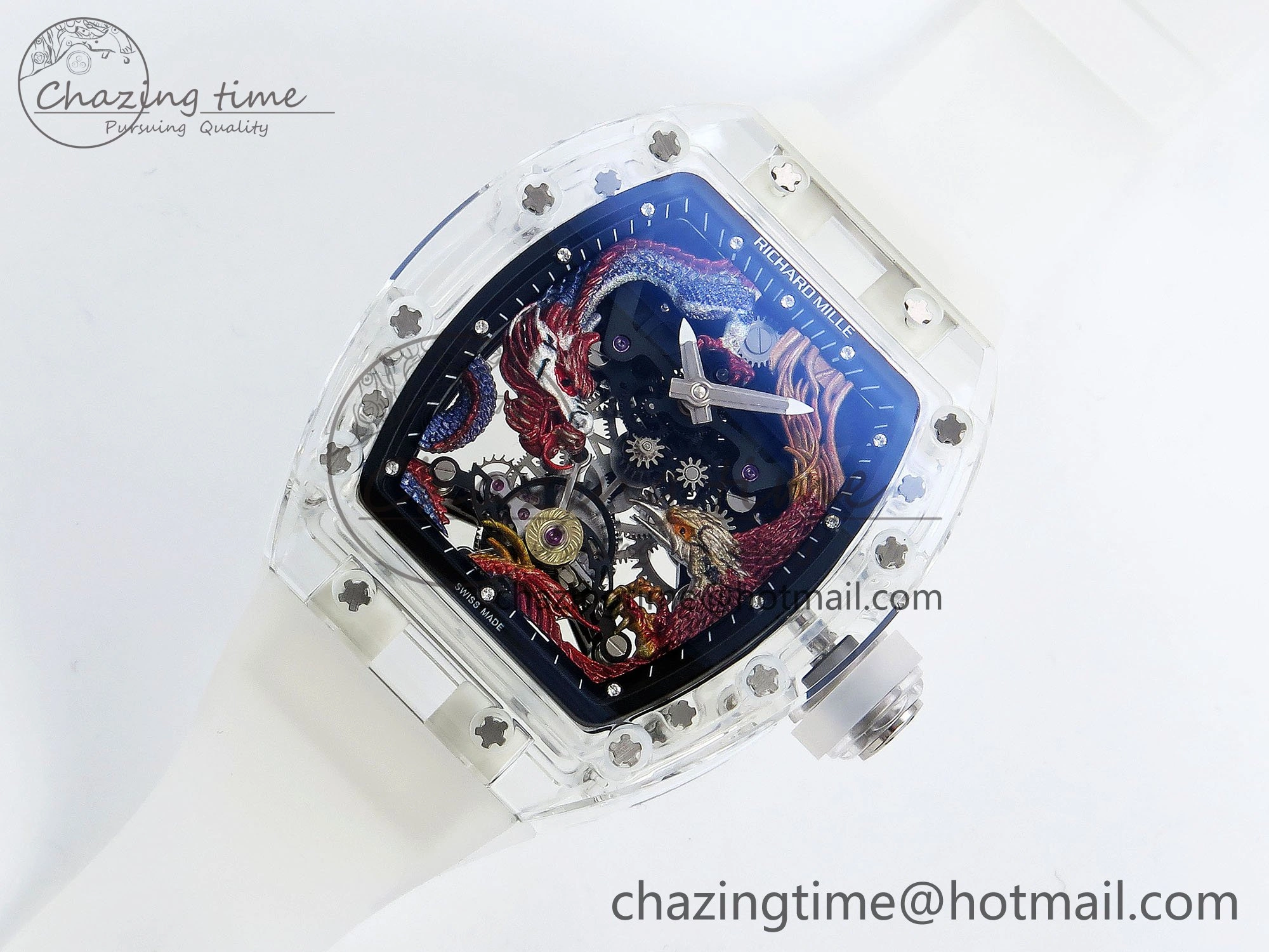 RM57 Transparent Tourbillon RMF Best Edition Red Dragon Eagle Dial on Transparent Rubber Strap NewStyle 9296