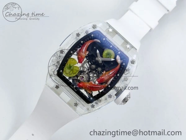 RMS10 Tourbillon Transparent RMF Best Edition Koi Fish Dial on White Rubber Strap Durable 9290