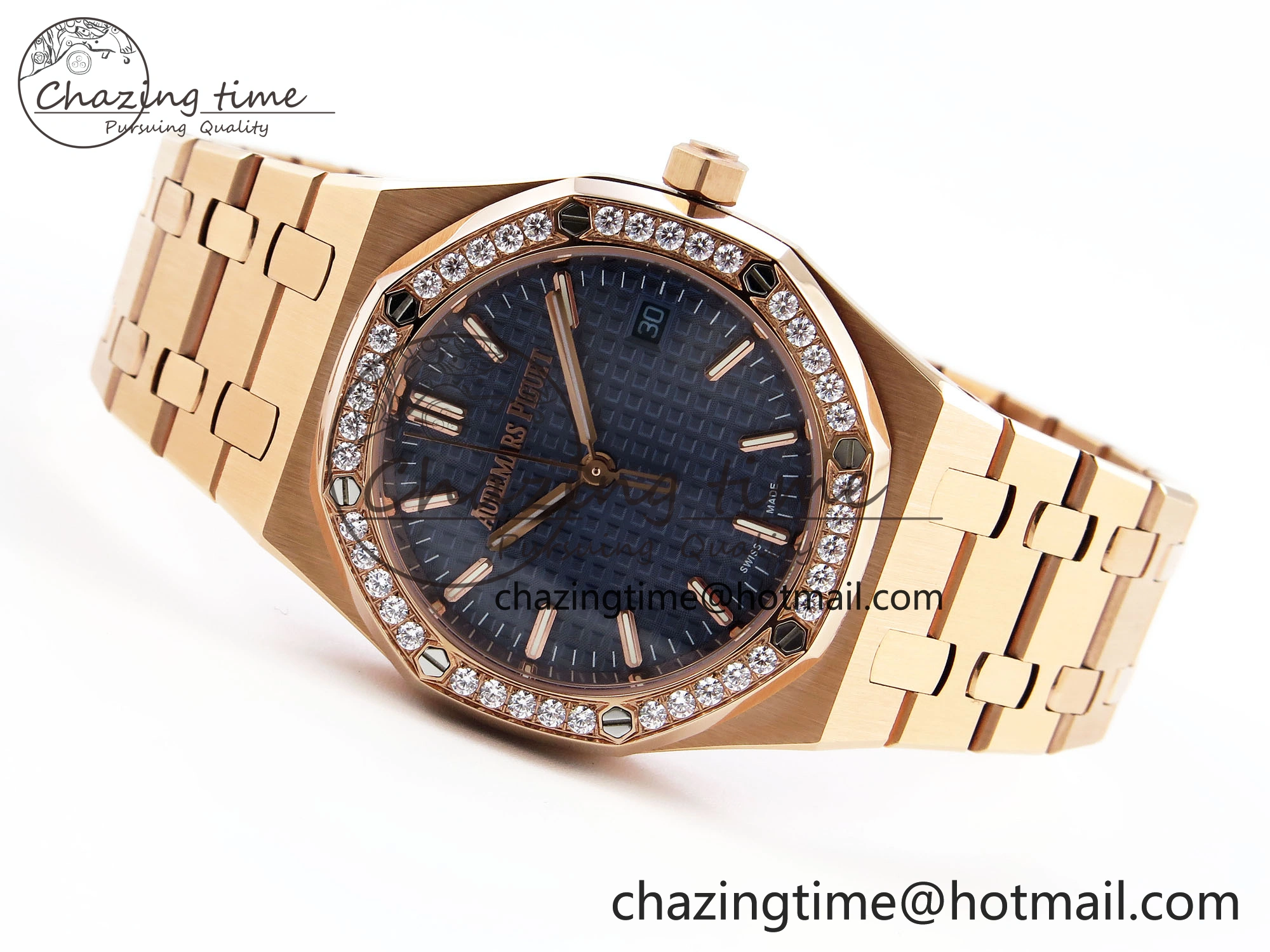 WeatherProof ROYAL OAK 34MM RG BF BEST EDITION BLUE DIAL DIAMONDS BEZEL ON RG BRACELET A 10109
