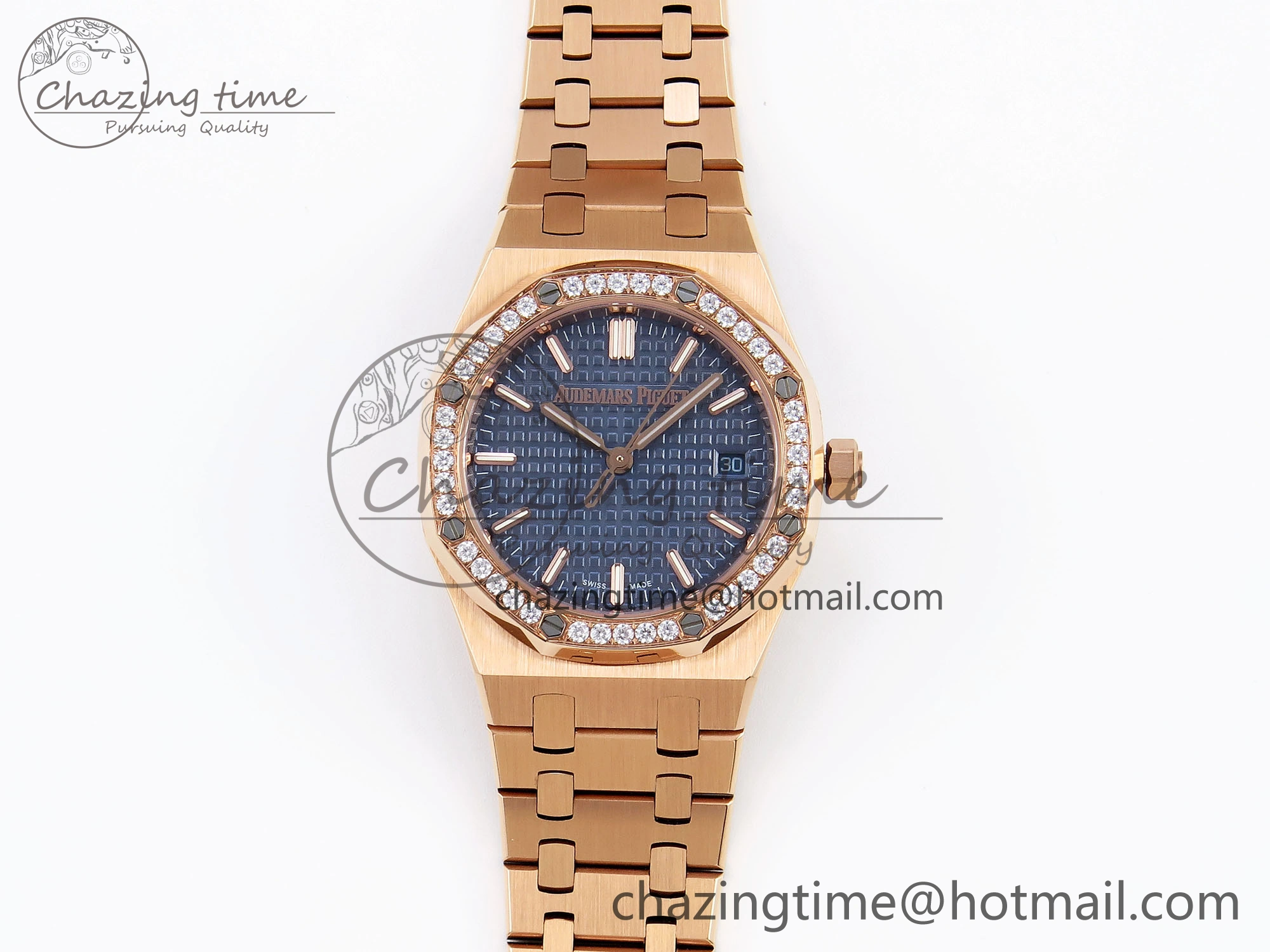 WeatherProof ROYAL OAK 34MM RG BF BEST EDITION BLUE DIAL DIAMONDS BEZEL ON RG BRACELET A 10109