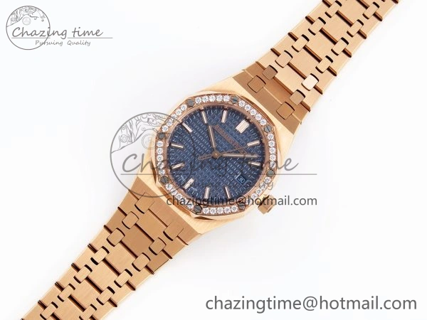 WeatherProof ROYAL OAK 34MM RG BF BEST EDITION BLUE DIAL DIAMONDS BEZEL ON RG BRACELET A 10109