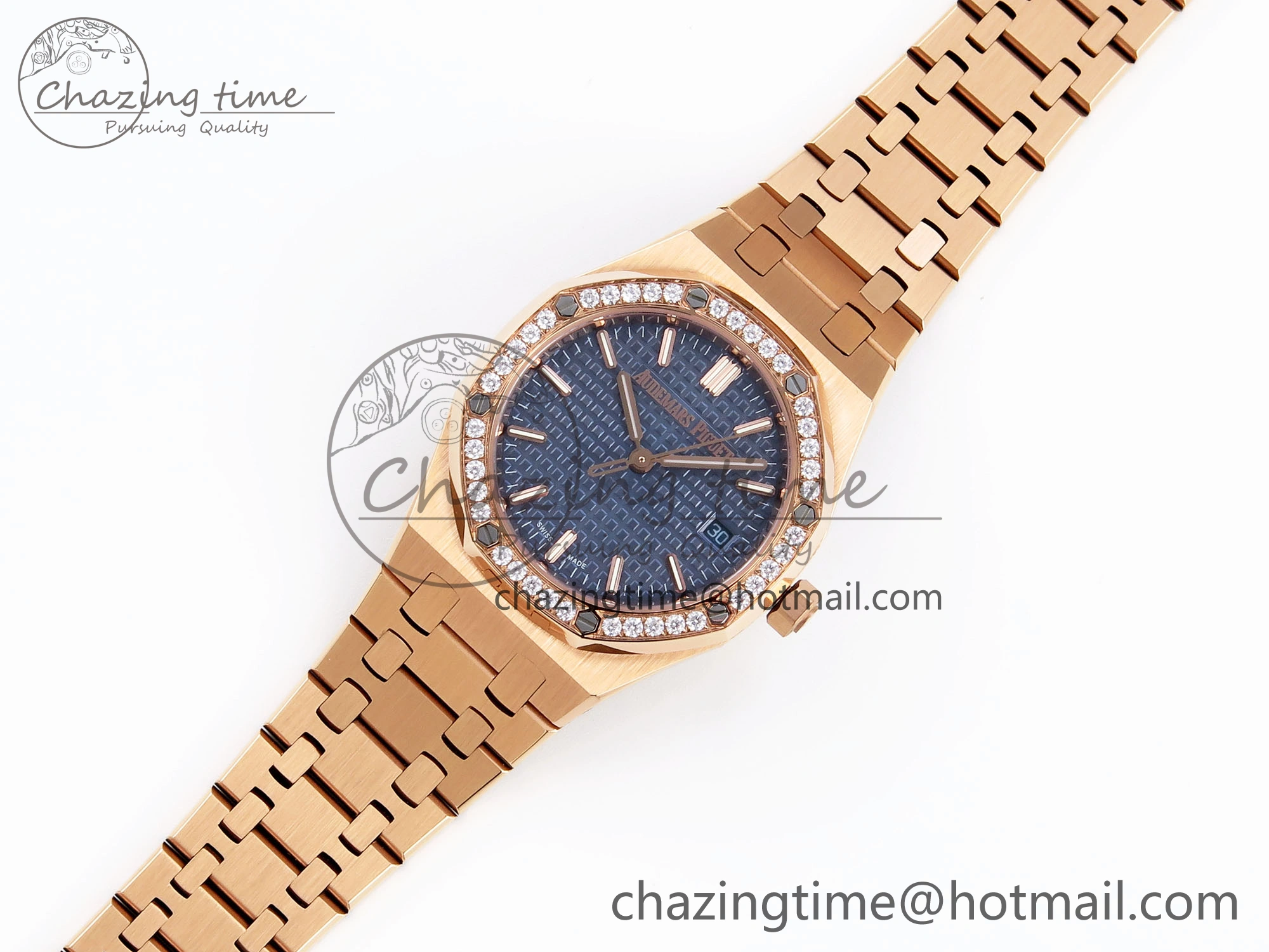 WeatherProof ROYAL OAK 34MM RG BF BEST EDITION BLUE DIAL DIAMONDS BEZEL ON RG BRACELET A 10109