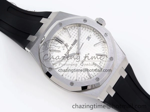 ROYAL OAK 41MM 15400 SS APSF 1:1 BEST EDITION WHITE TEXTURED DIAL ON BLACK RUBBER STRAP SA3120 SUPER CLONE V Breathable 4490