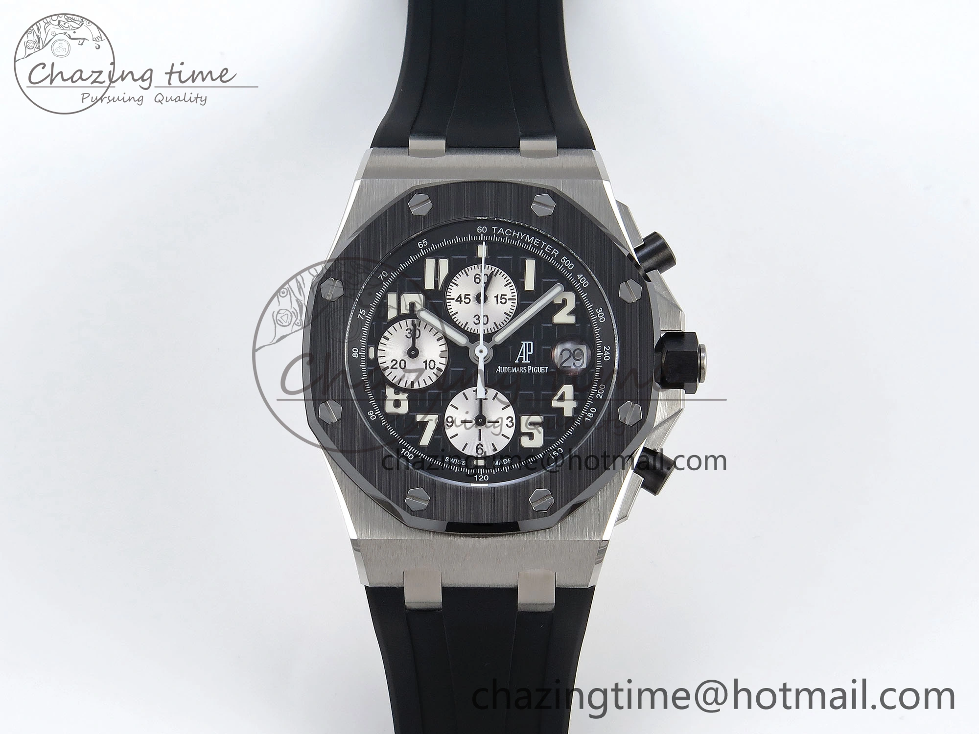 NewStyle ROYAL OAK OFFSHORE 42MM SS APF 1:1 BEST EDITION BLACK DIAL WHITE MARKERS CERAMIC BEZEL ON BLACK RUBBER STRAP A 4514