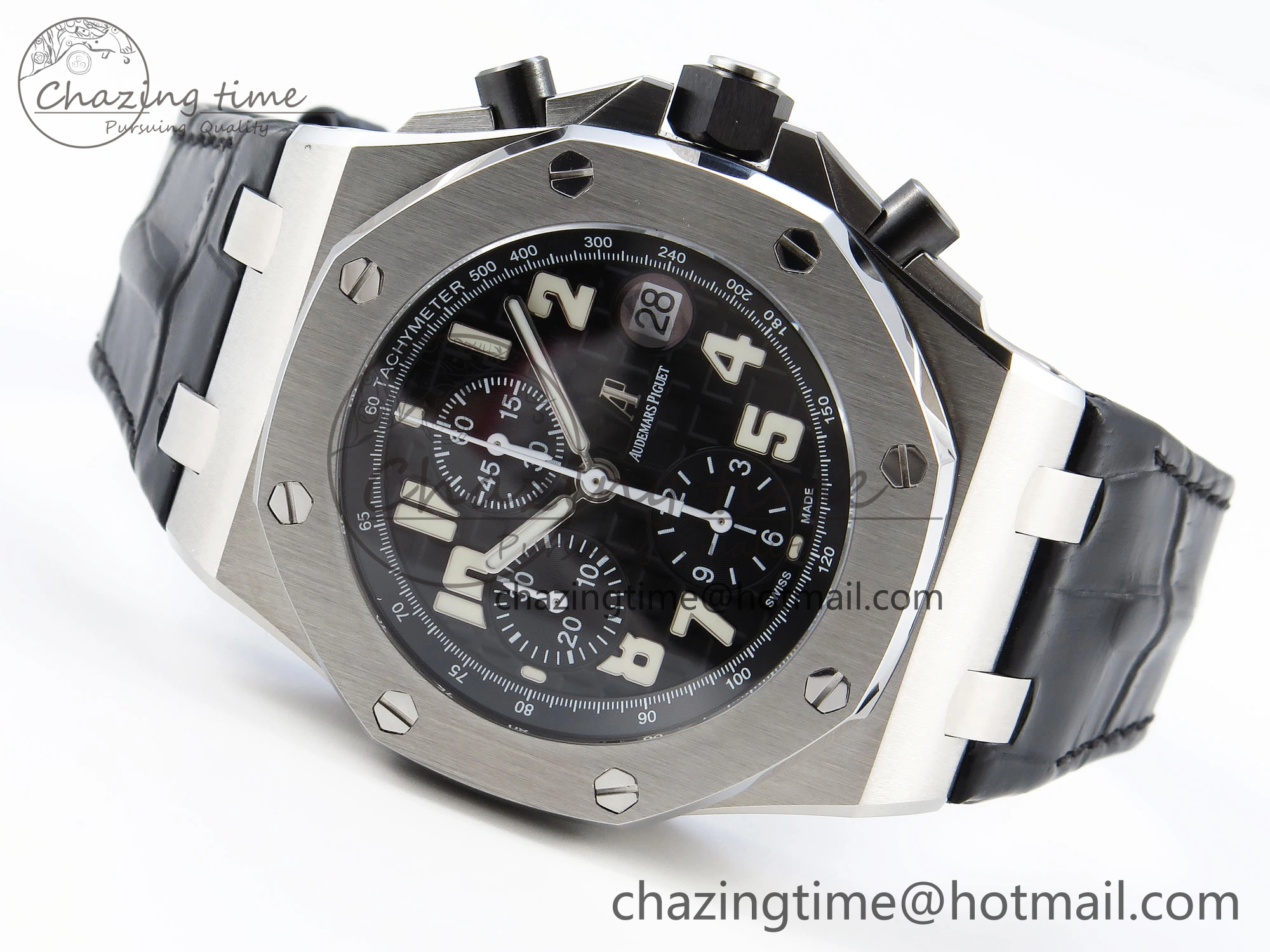 Comfortable ROYAL OAK OFFSHORE 42MM SS APF 1:1 BEST EDITION BLACK DIAL WHITE MARKERS ON BLACK LEATHER STRAP A 4512