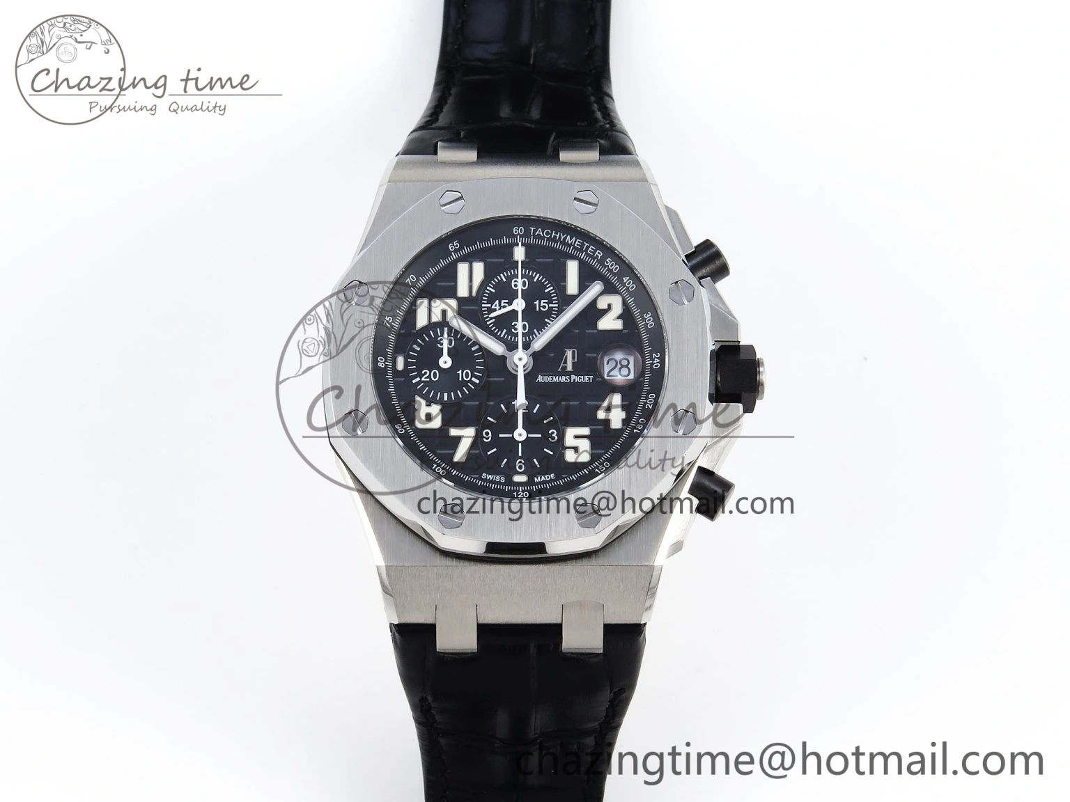 Comfortable ROYAL OAK OFFSHORE 42MM SS APF 1:1 BEST EDITION BLACK DIAL WHITE MARKERS ON BLACK LEATHER STRAP A 4512