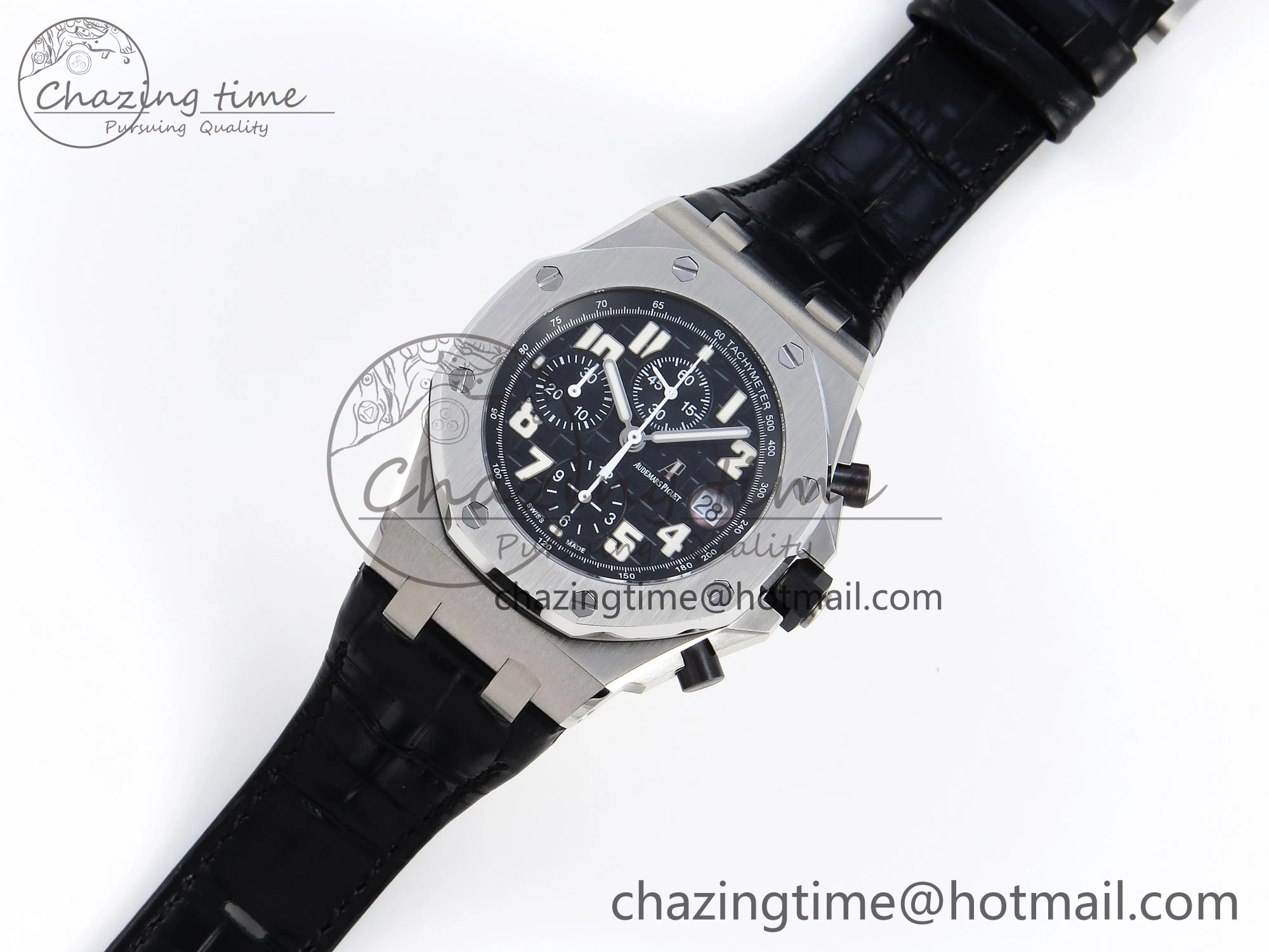 Comfortable ROYAL OAK OFFSHORE 42MM SS APF 1:1 BEST EDITION BLACK DIAL WHITE MARKERS ON BLACK LEATHER STRAP A 4512