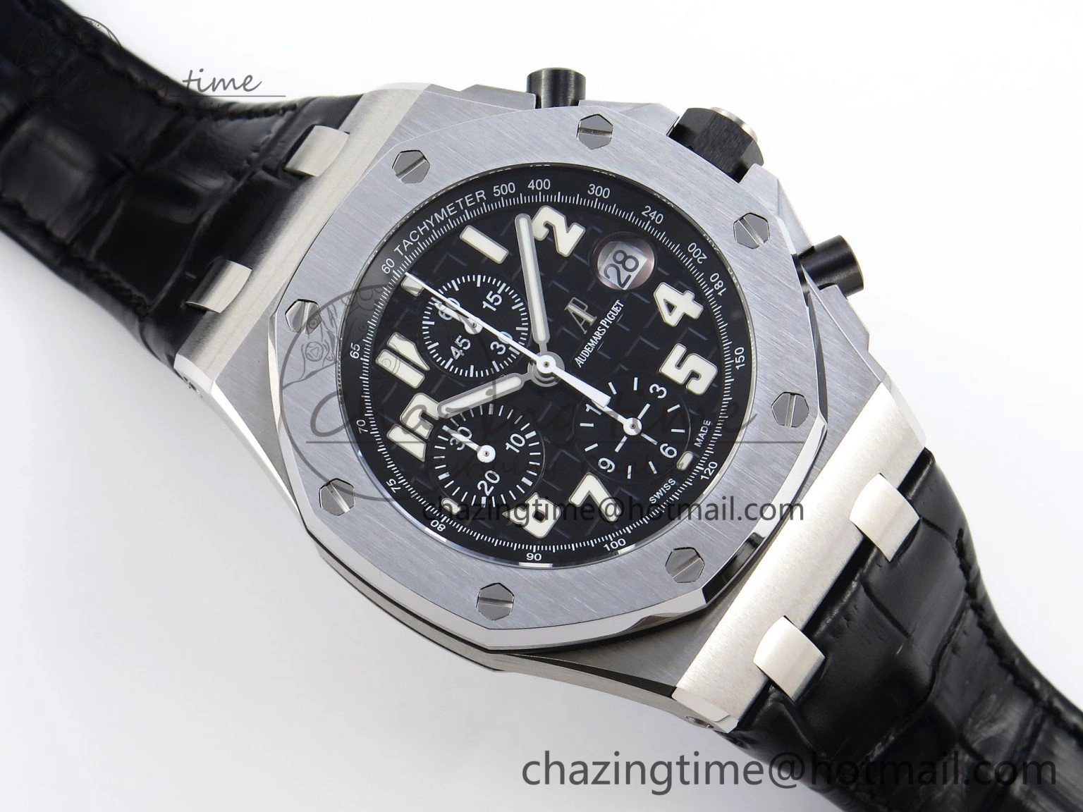 Comfortable ROYAL OAK OFFSHORE 42MM SS APF 1:1 BEST EDITION BLACK DIAL WHITE MARKERS ON BLACK LEATHER STRAP A 4512
