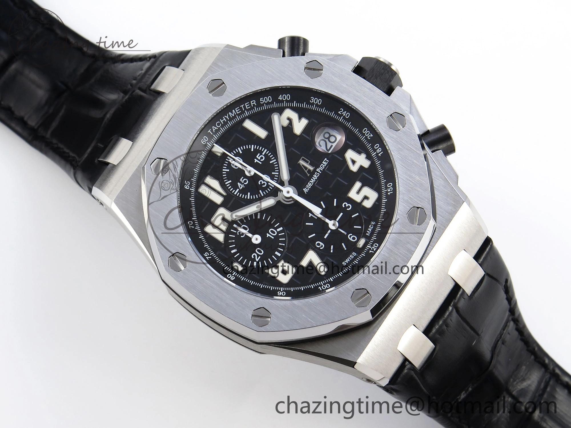 Comfortable ROYAL OAK OFFSHORE 42MM SS APF 1:1 BEST EDITION BLACK DIAL WHITE MARKERS ON BLACK LEATHER STRAP A 4512