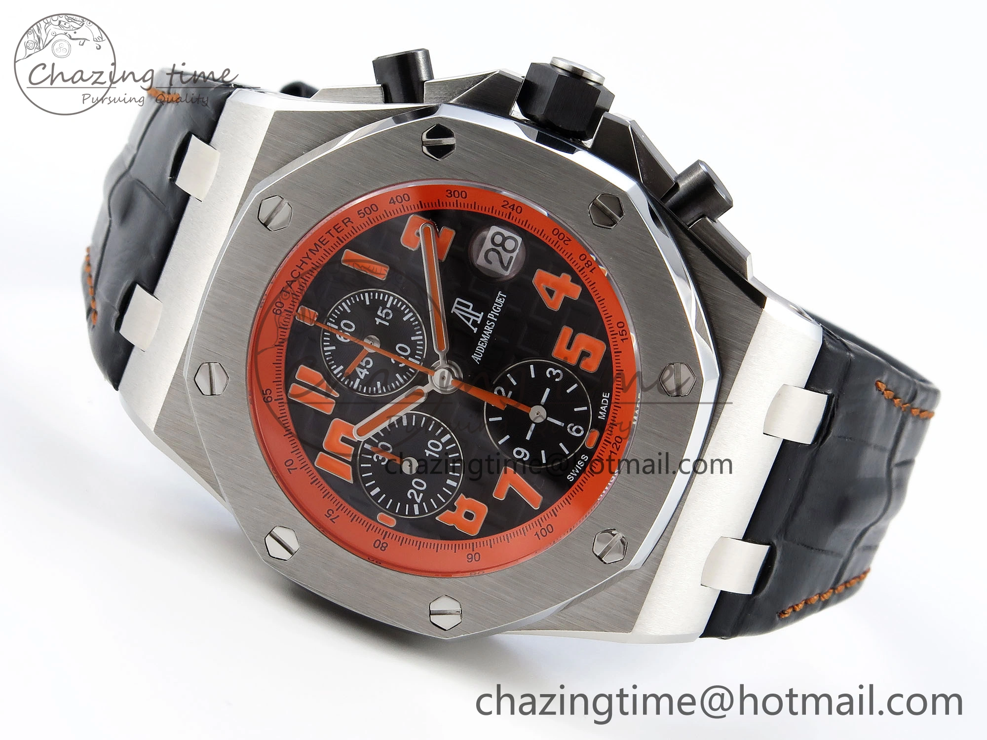 SoftTouch ROYAL OAK OFFSHORE 42MM VOLCANO SS APF 1:1 BEST EDITION BLACK DIAL ORANGE MARKERS ON BLACK LEATHER STRAP A 4513