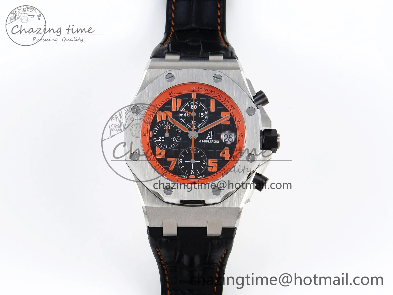 SoftTouch ROYAL OAK OFFSHORE 42MM VOLCANO SS APF 1:1 BEST EDITION BLACK DIAL ORANGE MARKERS ON BLACK LEATHER STRAP A 4513