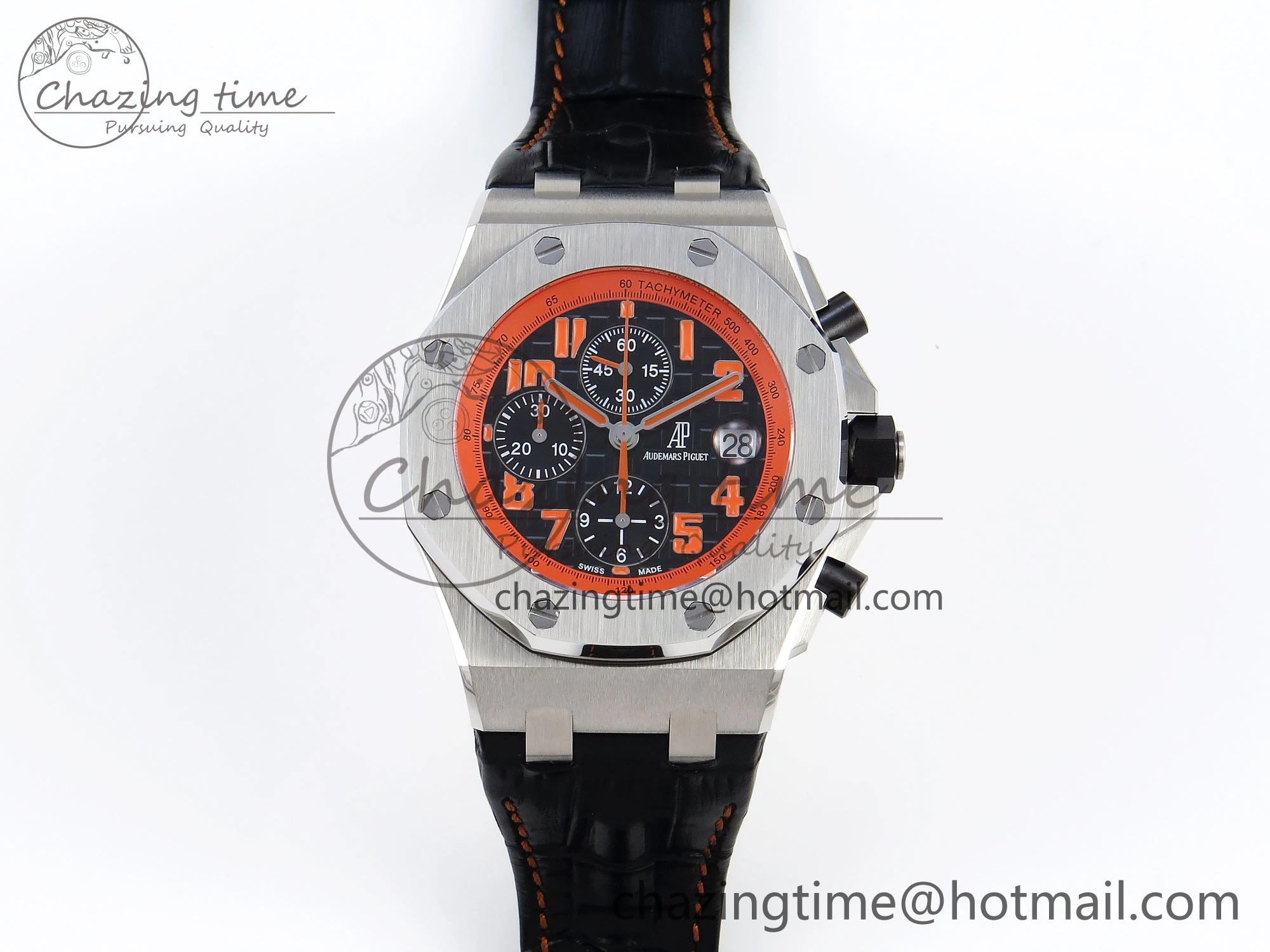 SoftTouch ROYAL OAK OFFSHORE 42MM VOLCANO SS APF 1:1 BEST EDITION BLACK DIAL ORANGE MARKERS ON BLACK LEATHER STRAP A 4513