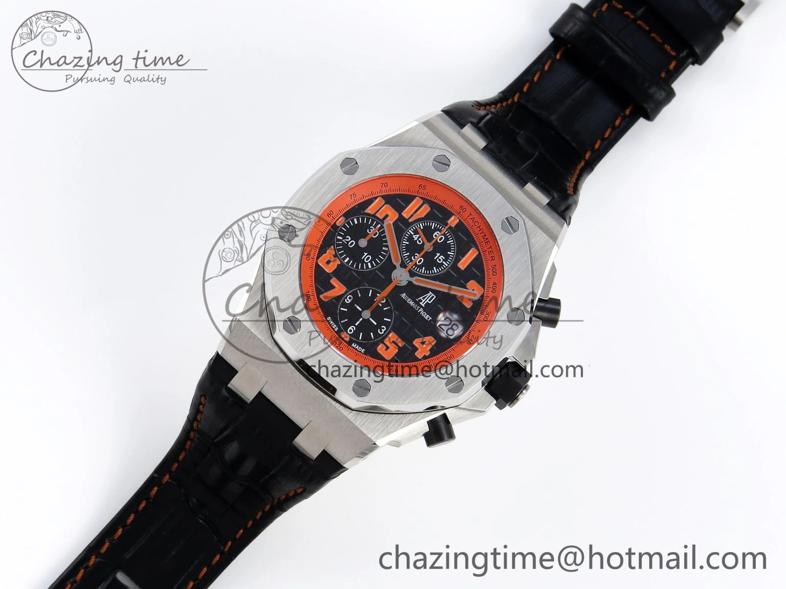 SoftTouch ROYAL OAK OFFSHORE 42MM VOLCANO SS APF 1:1 BEST EDITION BLACK DIAL ORANGE MARKERS ON BLACK LEATHER STRAP A 4513