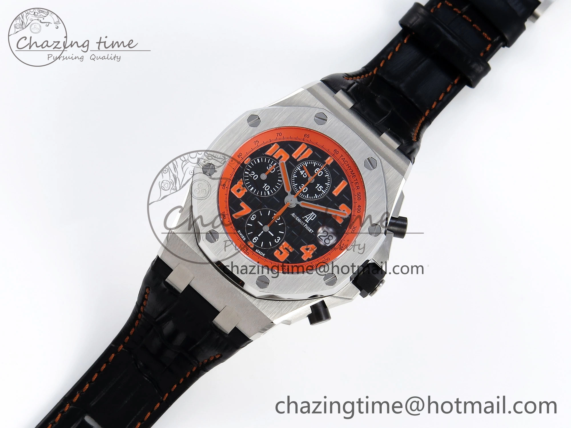 SoftTouch ROYAL OAK OFFSHORE 42MM VOLCANO SS APF 1:1 BEST EDITION BLACK DIAL ORANGE MARKERS ON BLACK LEATHER STRAP A 4513