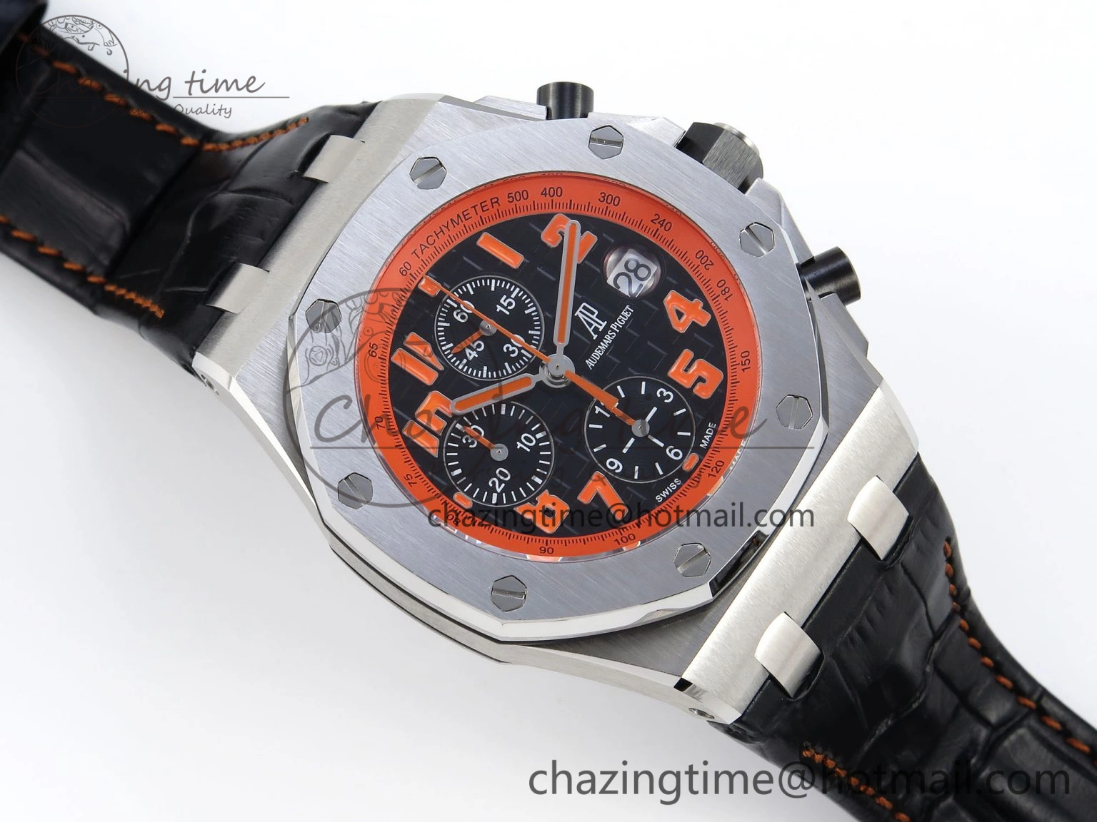 SoftTouch ROYAL OAK OFFSHORE 42MM VOLCANO SS APF 1:1 BEST EDITION BLACK DIAL ORANGE MARKERS ON BLACK LEATHER STRAP A 4513