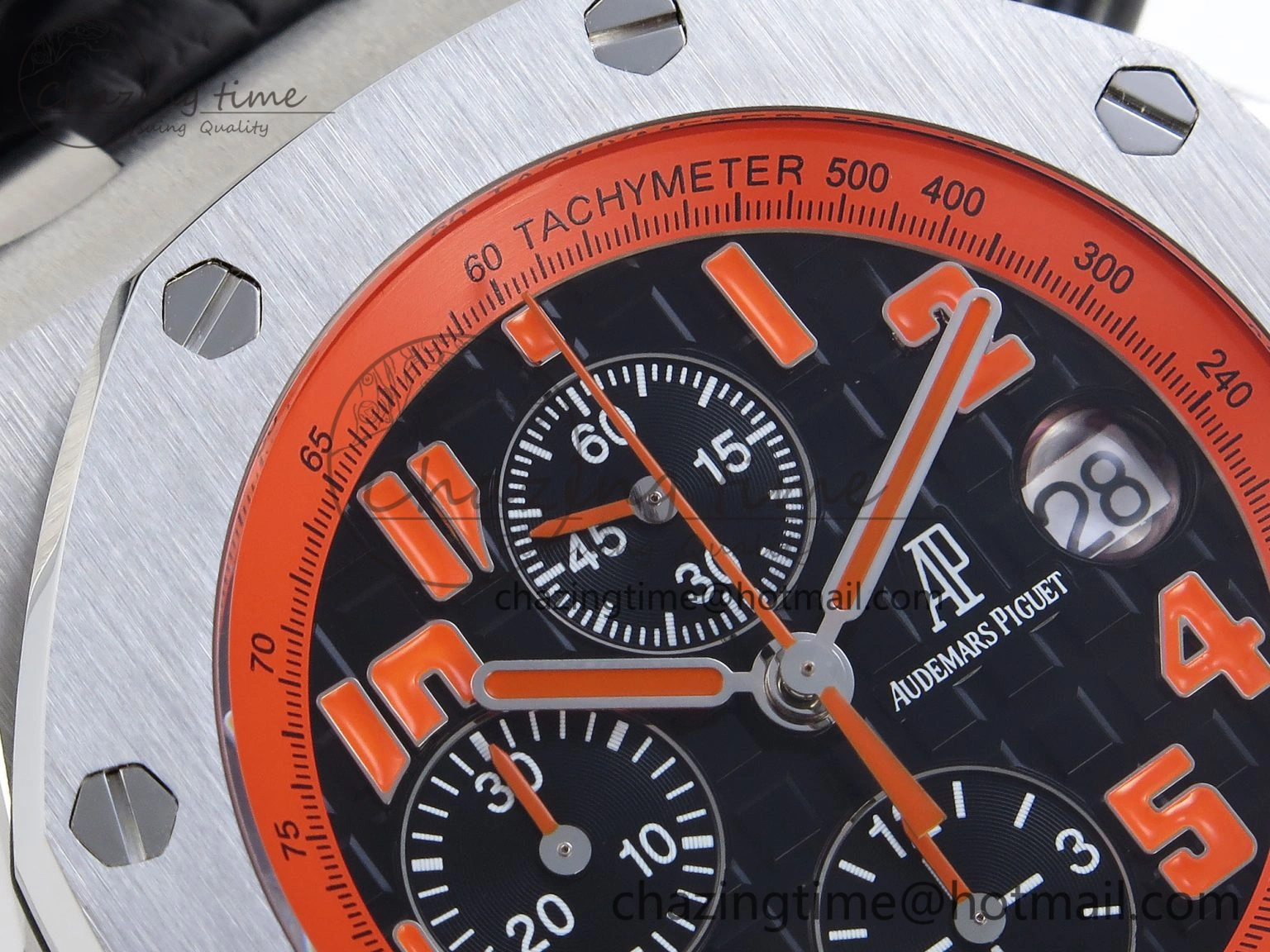 SoftTouch ROYAL OAK OFFSHORE 42MM VOLCANO SS APF 1:1 BEST EDITION BLACK DIAL ORANGE MARKERS ON BLACK LEATHER STRAP A 4513
