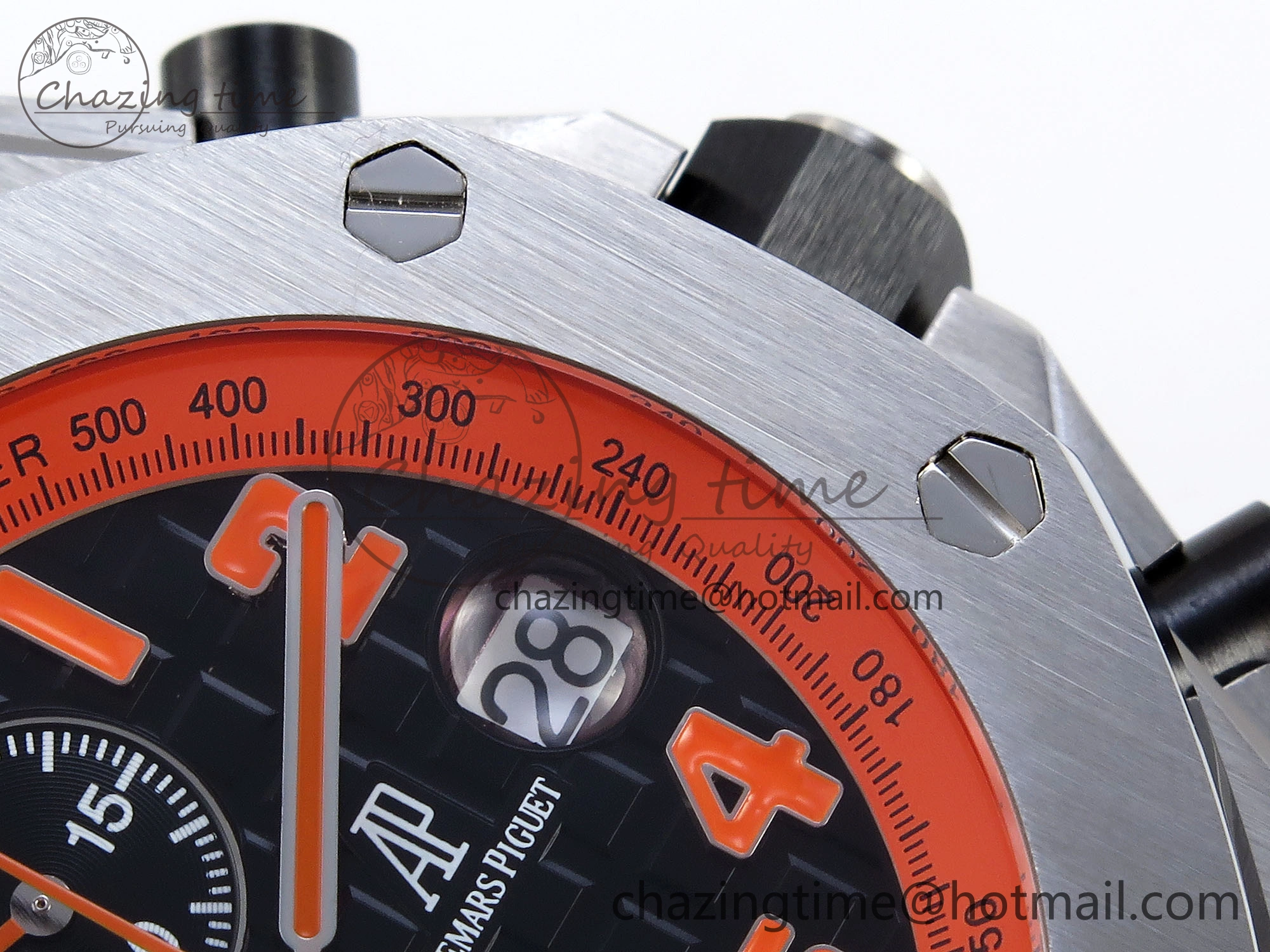 SoftTouch ROYAL OAK OFFSHORE 42MM VOLCANO SS APF 1:1 BEST EDITION BLACK DIAL ORANGE MARKERS ON BLACK LEATHER STRAP A 4513