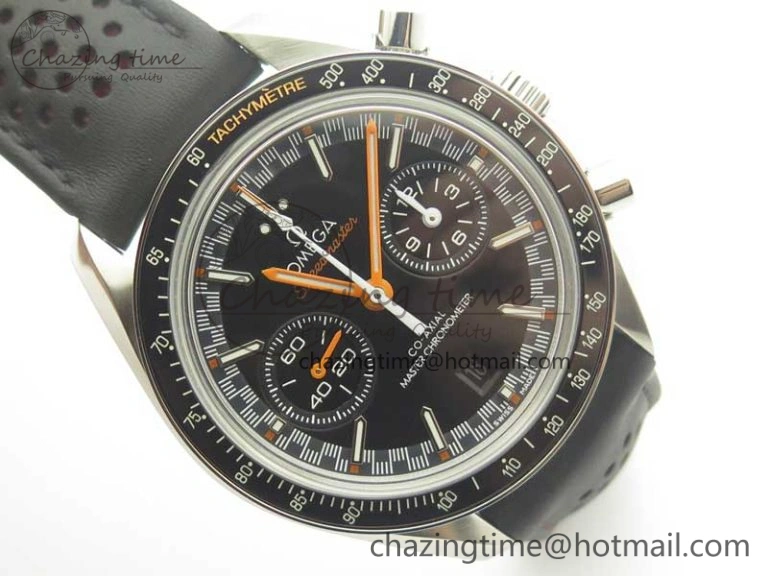 Breathable Racing Master Chronometer OMF 1:1 Best Edition Black Dial Orange Hand on Black Leather Strap A 7999