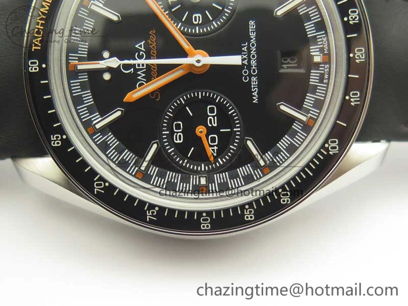 Breathable Racing Master Chronometer OMF 1:1 Best Edition Black Dial Orange Hand on Black Leather Strap A 7999