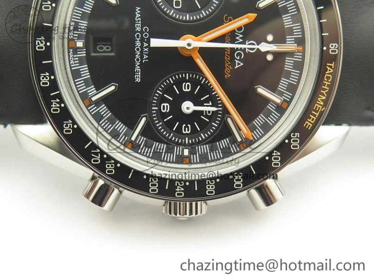 Breathable Racing Master Chronometer OMF 1:1 Best Edition Black Dial Orange Hand on Black Leather Strap A 7999