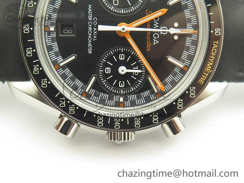 Breathable Racing Master Chronometer OMF 1:1 Best Edition Black Dial Orange Hand on Black Leather Strap A 7999