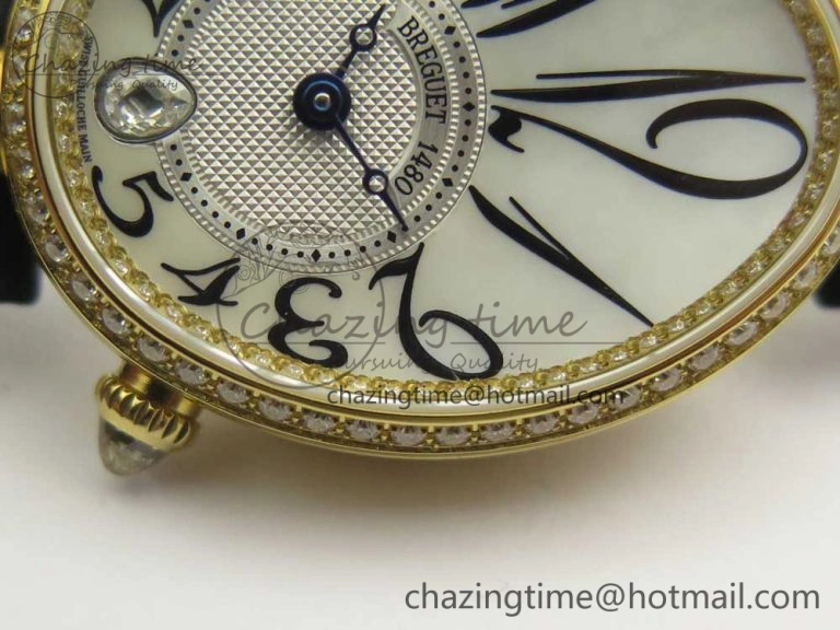 Resilient Reine de Naples 8918BB YG ZF 1:1 Best Edition White MOP Dial Diamonds Bezel on Black Fabric Strap A 10589