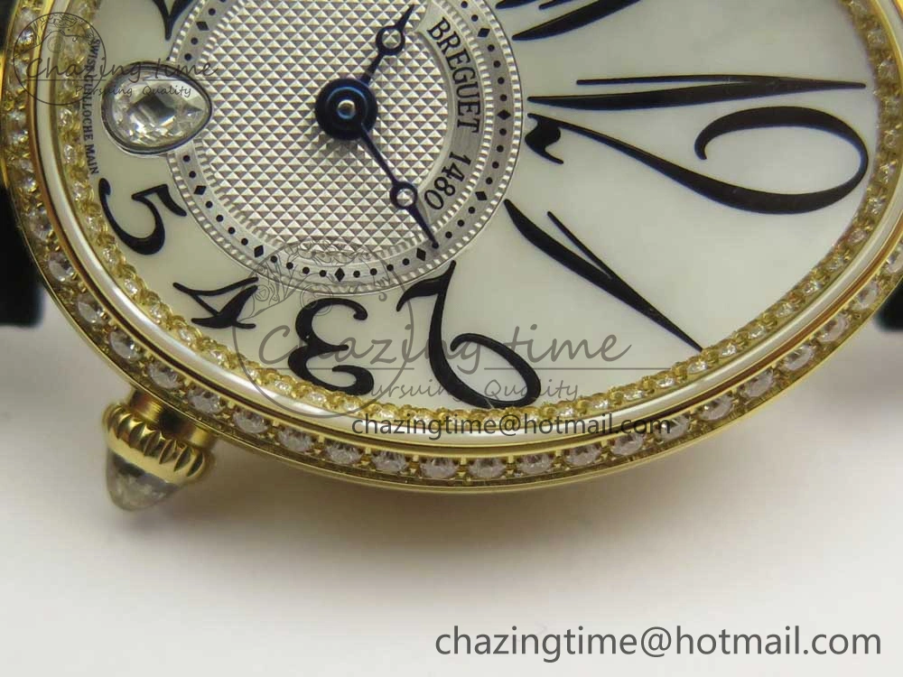 Resilient Reine de Naples 8918BB YG ZF 1:1 Best Edition White MOP Dial Diamonds Bezel on Black Fabric Strap A 10589