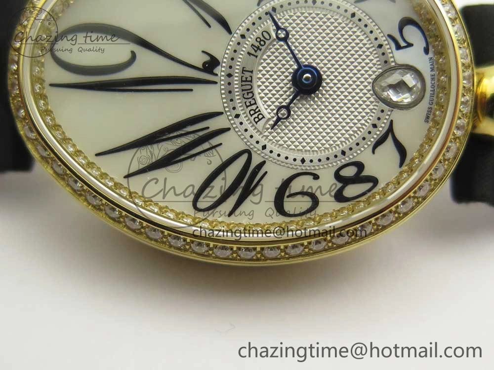 Resilient Reine de Naples 8918BB YG ZF 1:1 Best Edition White MOP Dial Diamonds Bezel on Black Fabric Strap A 10589
