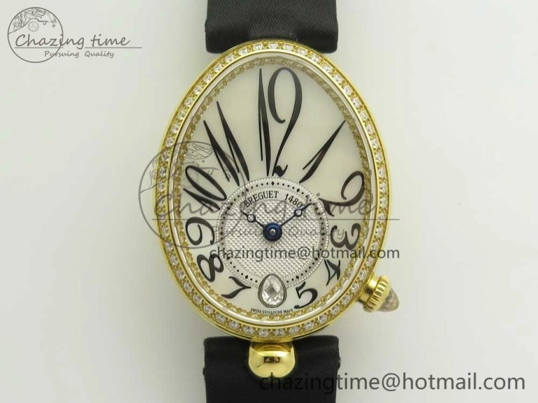 Stylish Reine de Naples 8918BB YG ZF 1:1 Best Edition White MOP Dial Diamonds Bezel on Black Fabric Strap A 5341