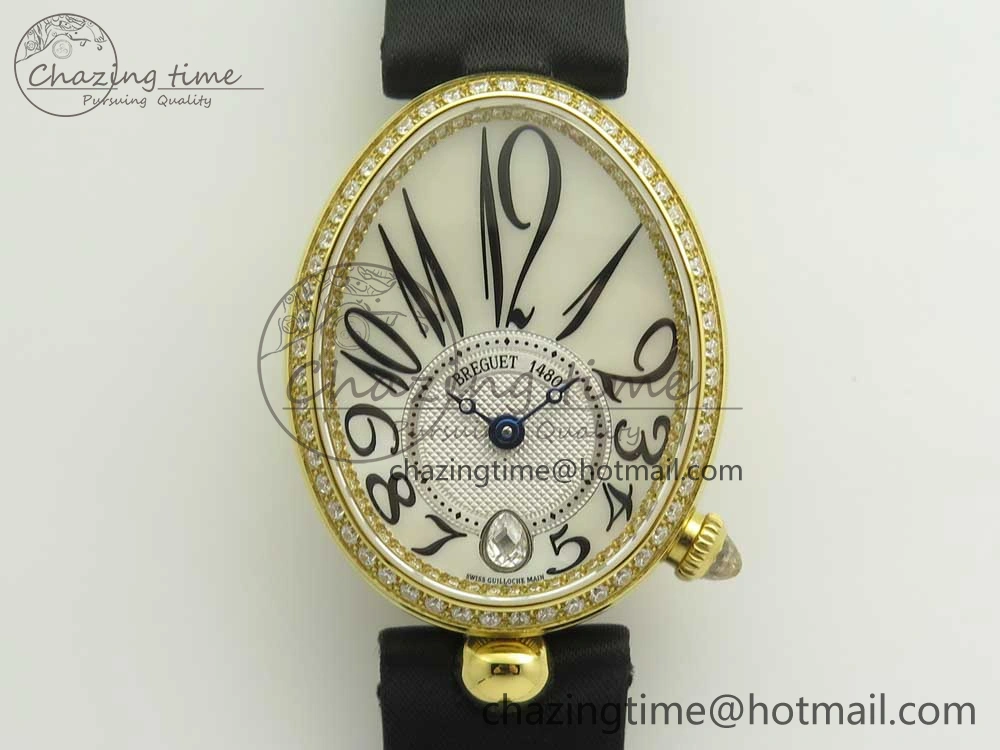 Resilient Reine de Naples 8918BB YG ZF 1:1 Best Edition White MOP Dial Diamonds Bezel on Black Fabric Strap A 10589