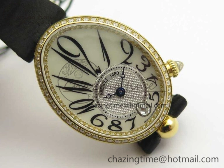 Resilient Reine de Naples 8918BB YG ZF 1:1 Best Edition White MOP Dial Diamonds Bezel on Black Fabric Strap A 10589