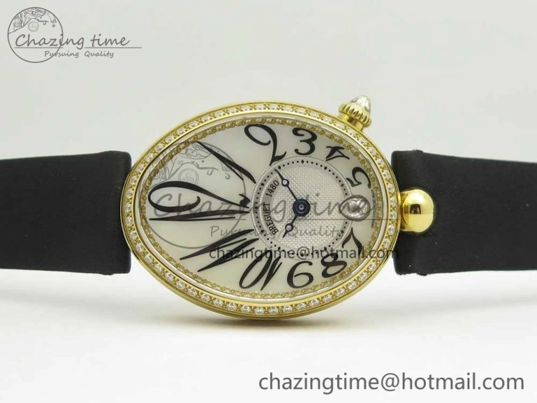 Resilient Reine de Naples 8918BB YG ZF 1:1 Best Edition White MOP Dial Diamonds Bezel on Black Fabric Strap A 10589
