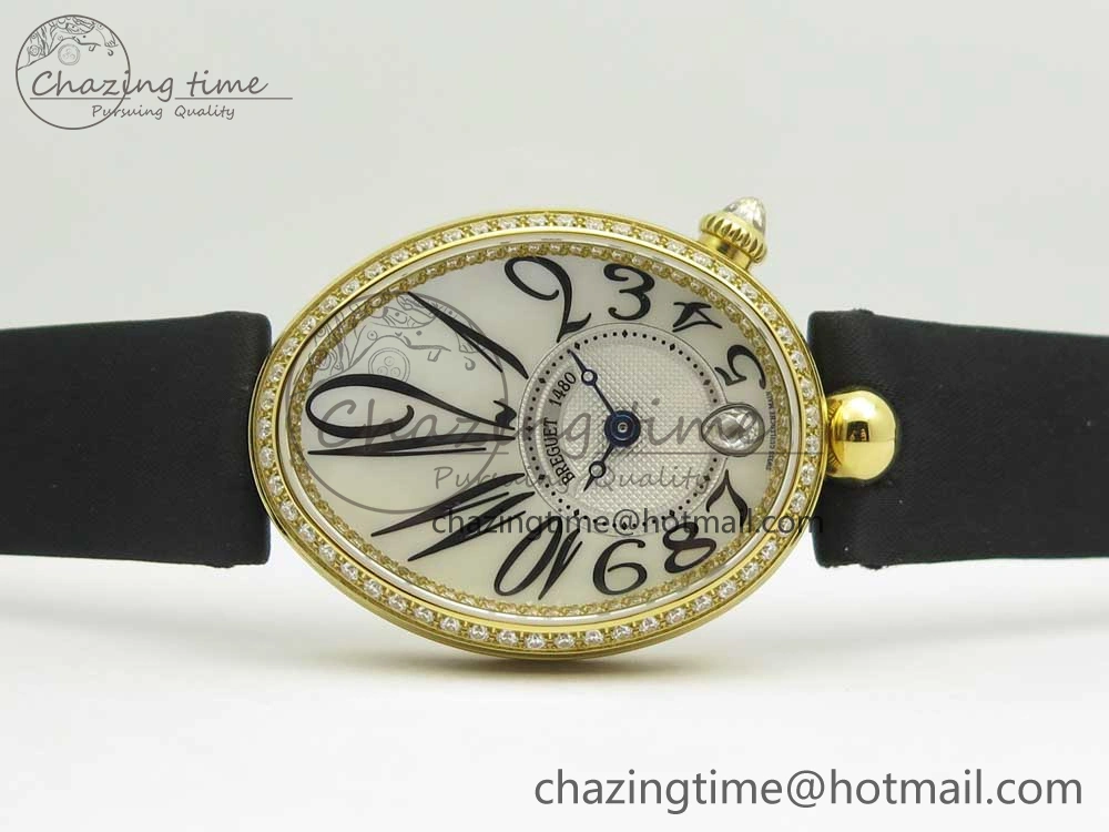 Resilient Reine de Naples 8918BB YG ZF 1:1 Best Edition White MOP Dial Diamonds Bezel on Black Fabric Strap A 10589