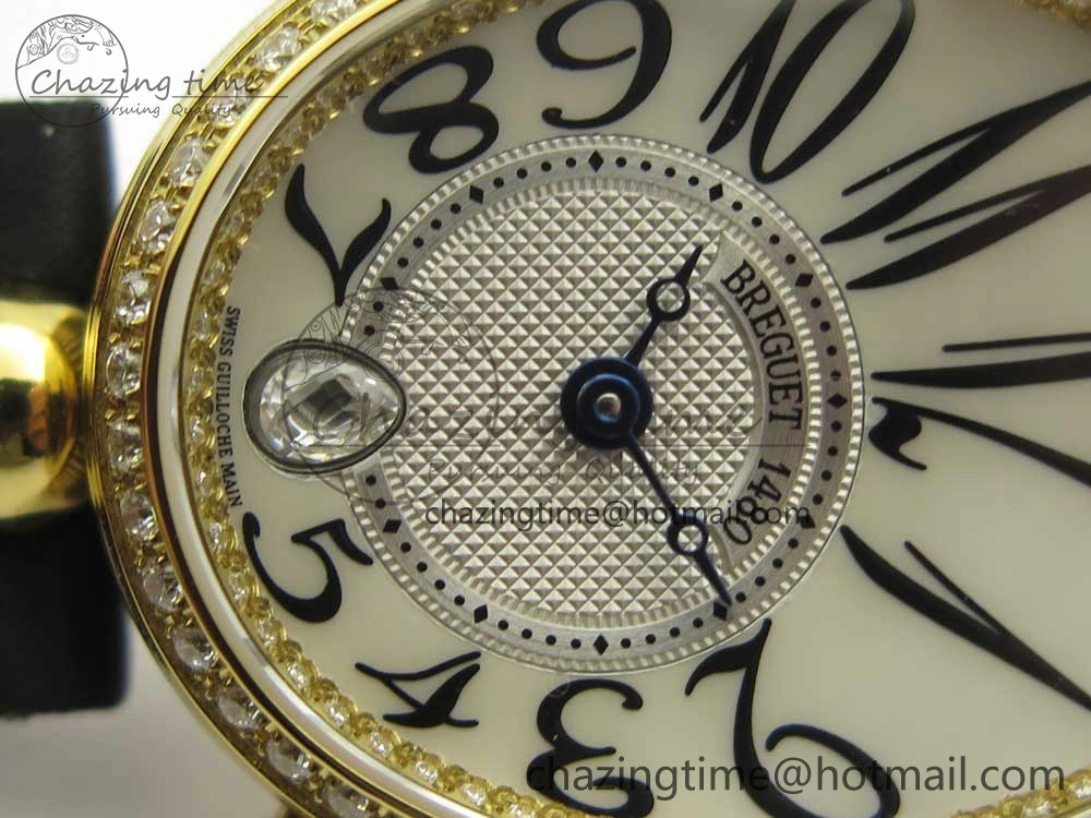 Resilient Reine de Naples 8918BB YG ZF 1:1 Best Edition White MOP Dial Diamonds Bezel on Black Fabric Strap A 10589