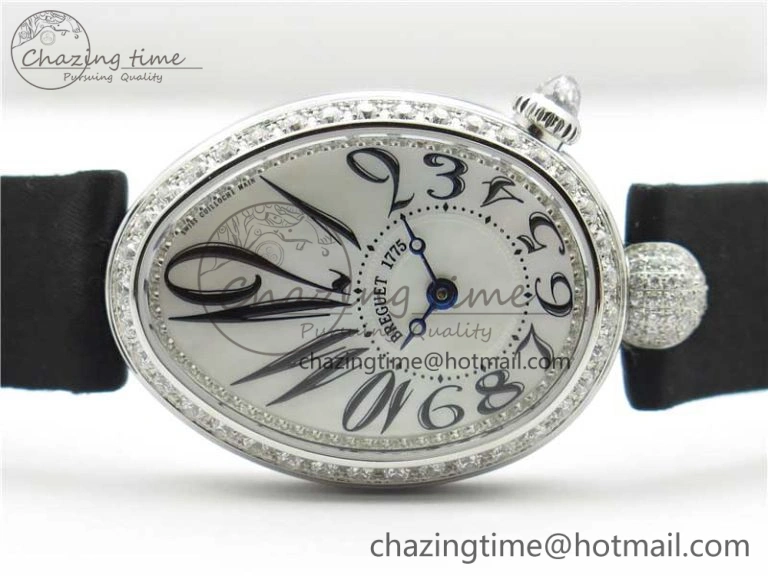 Original Reine de Naples 8928BB SS ZF 1:1 Best Edition White MOP Dial Diamonds Bezel on Black Fabric Strap A 5333