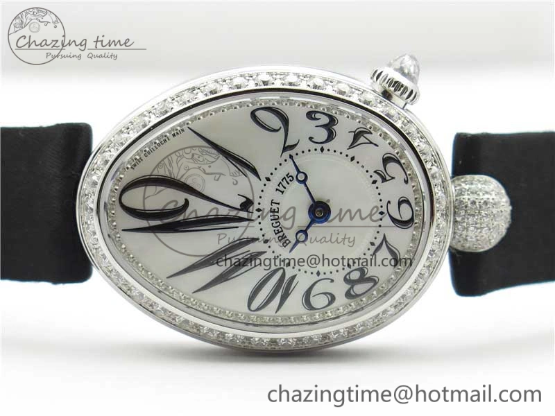 Original Reine de Naples 8928BB SS ZF 1:1 Best Edition White MOP Dial Diamonds Bezel on Black Fabric Strap A 5333