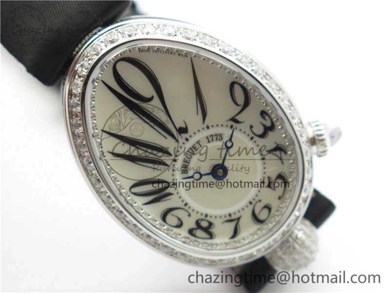 Original Reine de Naples 8928BB SS ZF 1:1 Best Edition White MOP Dial Diamonds Bezel on Black Fabric Strap A 5333