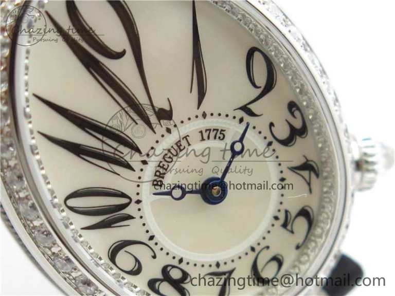 Original Reine de Naples 8928BB SS ZF 1:1 Best Edition White MOP Dial Diamonds Bezel on Black Fabric Strap A 5333