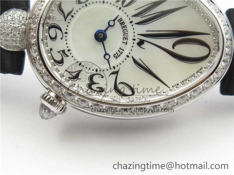 Original Reine de Naples 8928BB SS ZF 1:1 Best Edition White MOP Dial Diamonds Bezel on Black Fabric Strap A 5333