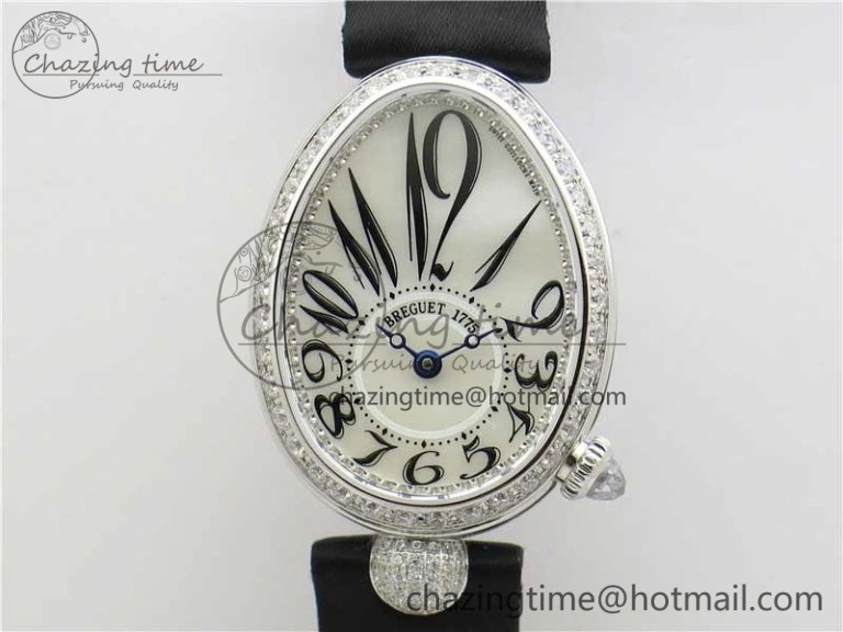 Original Reine de Naples 8928BB SS ZF 1:1 Best Edition White MOP Dial Diamonds Bezel on Black Fabric Strap A 5333