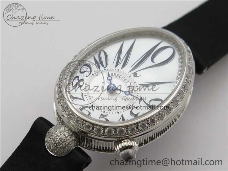 Original Reine de Naples 8928BB SS ZF 1:1 Best Edition White MOP Dial Diamonds Bezel on Black Fabric Strap A 5333