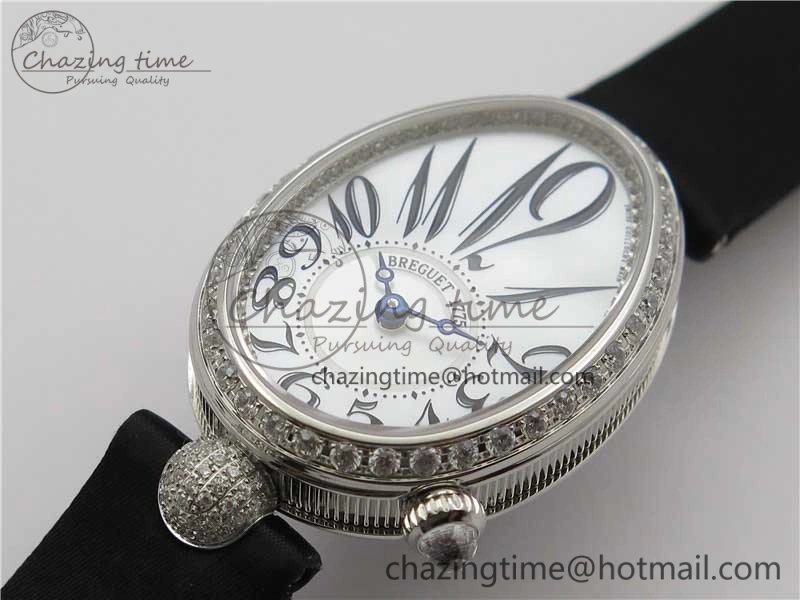 Original Reine de Naples 8928BB SS ZF 1:1 Best Edition White MOP Dial Diamonds Bezel on Black Fabric Strap A 5333