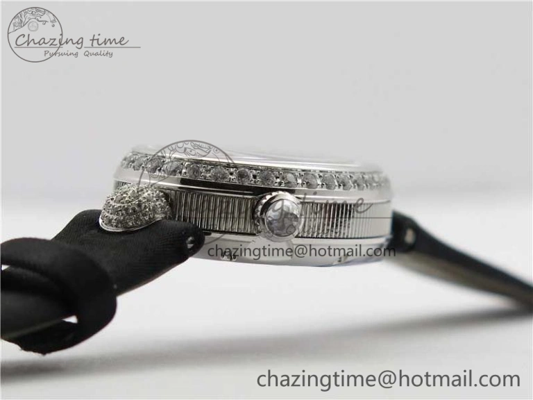 Original Reine de Naples 8928BB SS ZF 1:1 Best Edition White MOP Dial Diamonds Bezel on Black Fabric Strap A 5333
